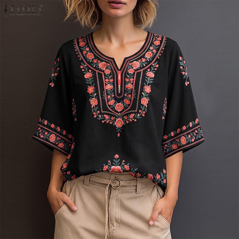 ZANZEA Women Casual Round Neck Ethnic Print Loose Half Sleeve Blouse