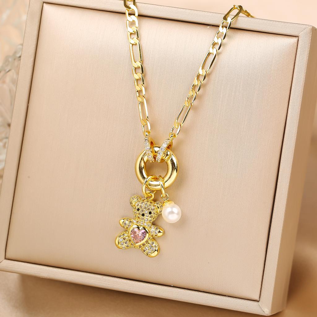 High Quality Shiny Crystal Zirconia Animal Cute Bear Pendant Necklace Choker for Woman Girl Holiday Lock Bone Chain Jewelry Gift