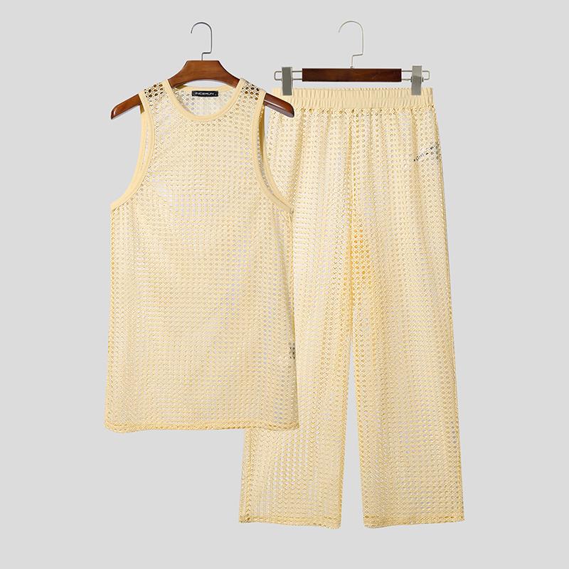 INCERUN Summer Men Beach Sets Sleeveless Hollow Tops Elastic Waist Pants Two-piece Suits