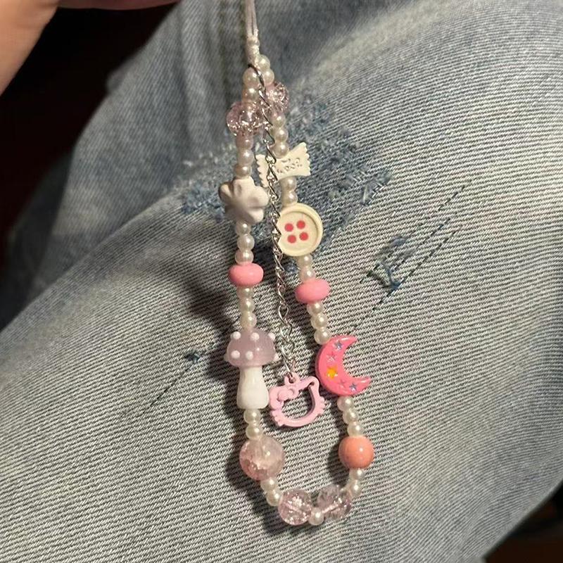 

Розовая цепочка для телефона Hello Kitty, брелок из бусин, милая цепочка на запястье против потери, браслет, шарм для чехла для наушников, декор для сумки