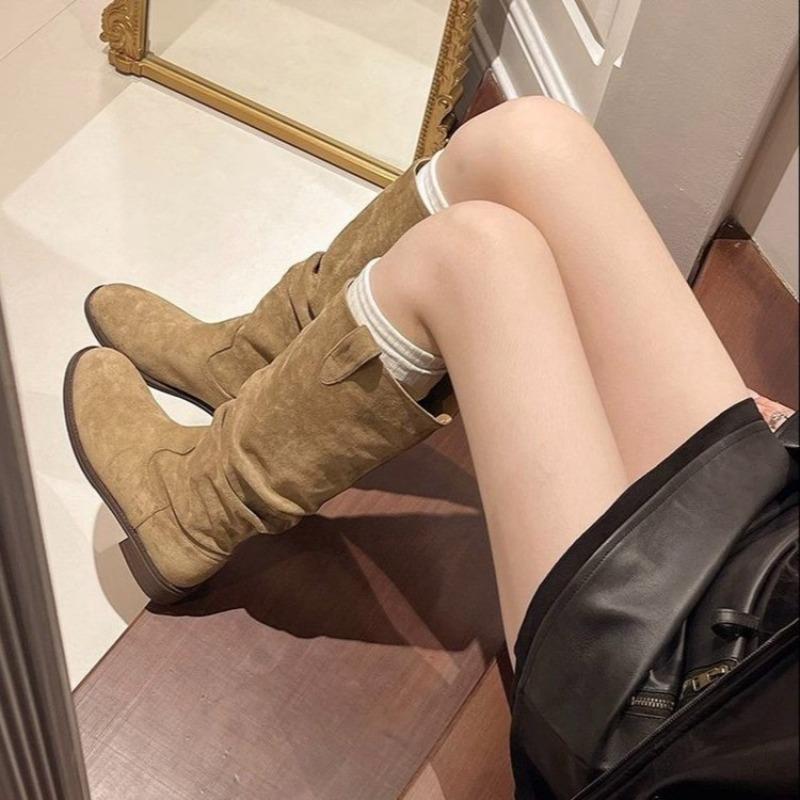 New Brown Knee High Suede Boots Women Round Toe Low Heel Over The Knee Boots Slouchy Ruched Knee High Boots Wide Calf