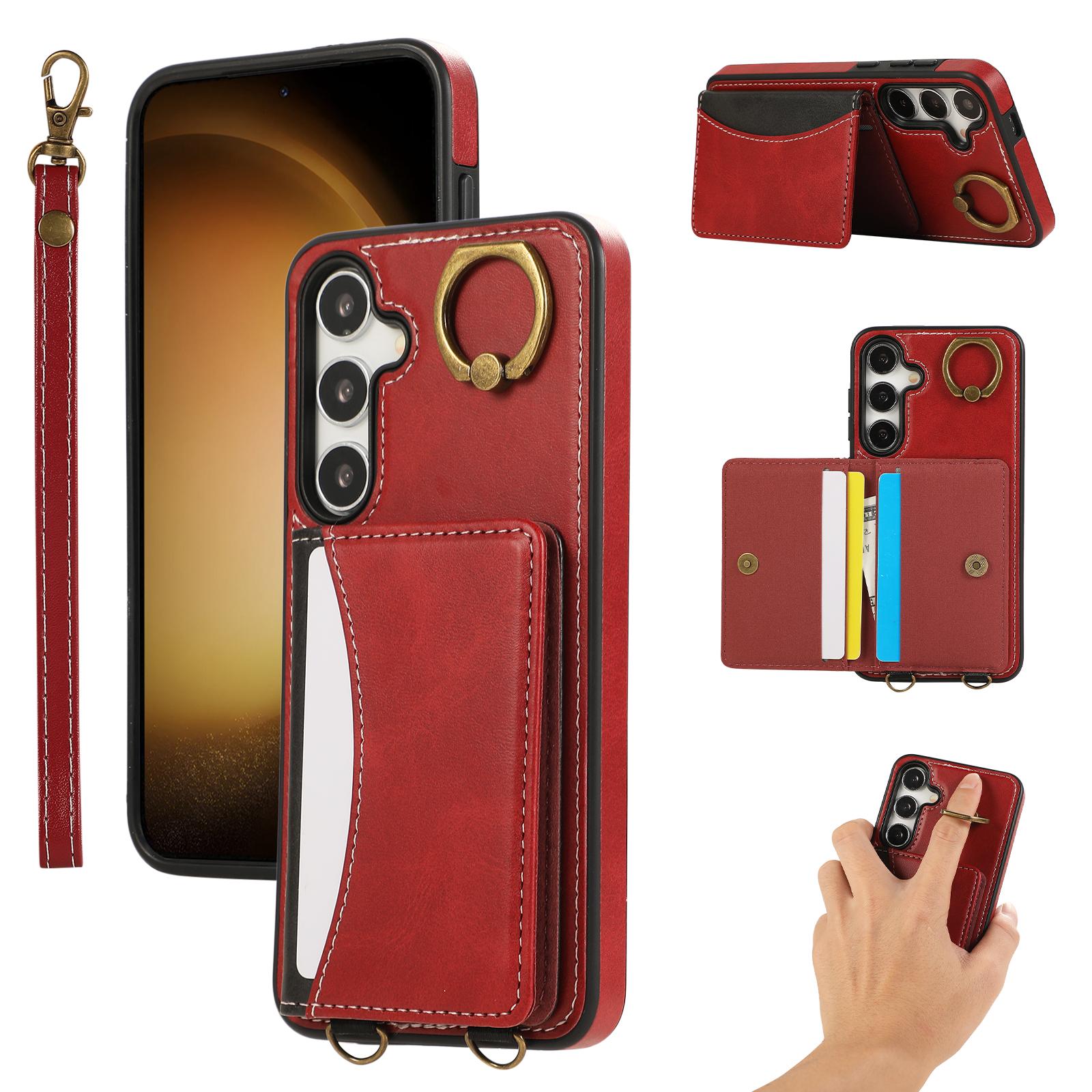 

For Samsung Galaxy S24 PU Leather Back Case Card Holder Kickstand Phone Cover with Wrist Strap D