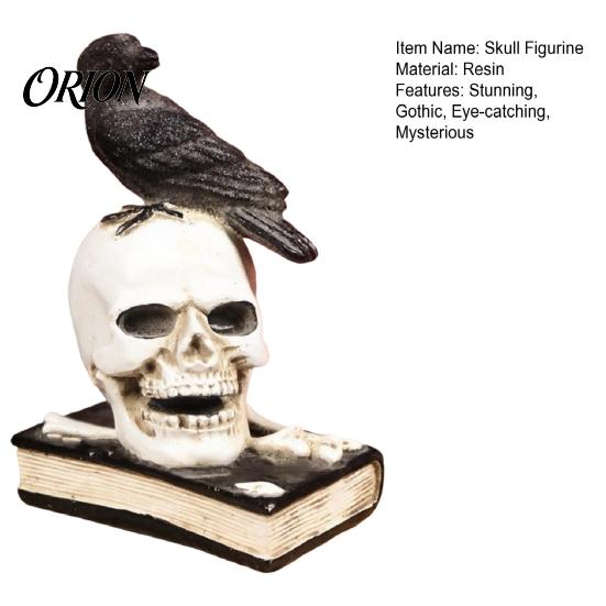 Easter Spooky Decoration Mystical Raven on Skull Statue, Gothic Crow Perching Figurine Mysterious Book Shelf with Book, Halloween Resin Sculpture for