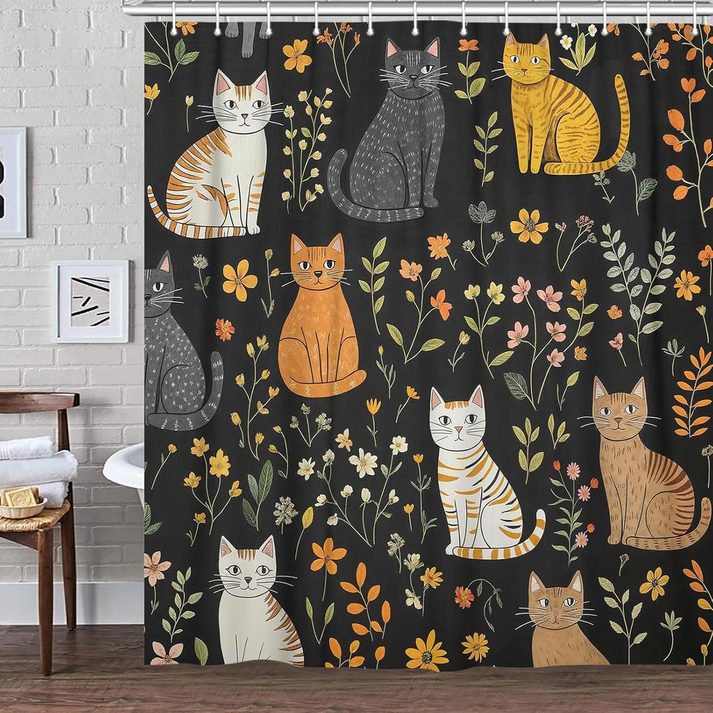Cute Cat Shower Curtain, Funny Animal Cartoon Cat Floral Wildflower Black Fabric Shower Curtains Set for Bathroom Decorative