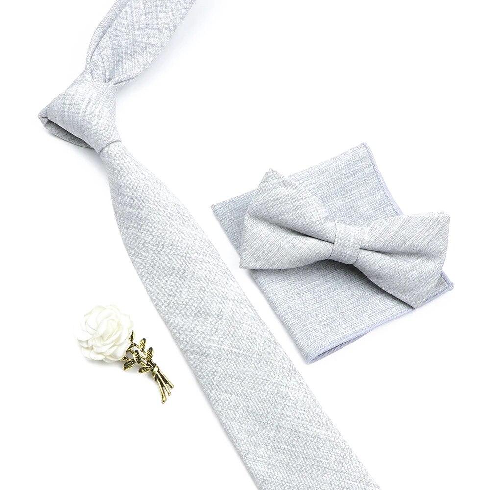 Solid Color Cotton Necktie Set For Men Tie 4pcs Hanky Cufflinks Rhinestone FLoral Brooch Tie Set