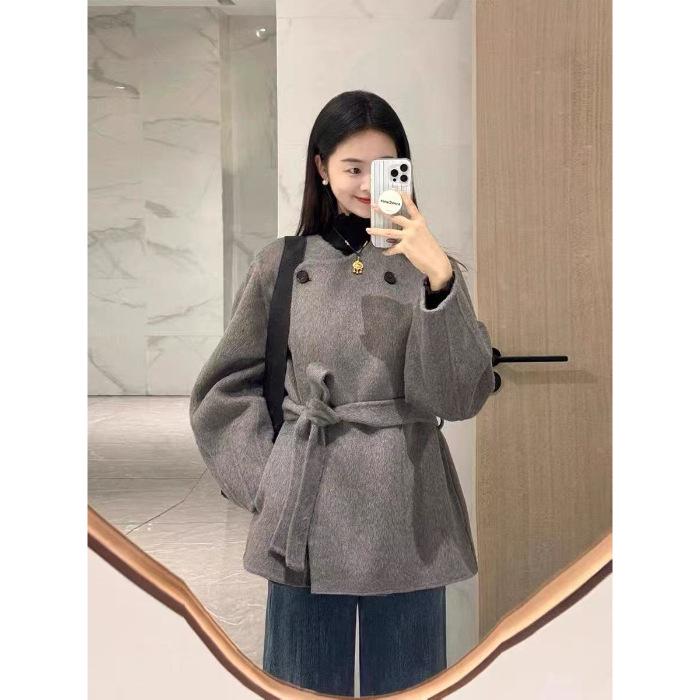 Женское короткое шерстяное пальто для миниатюрных женщин - Корейский зимний стиль 2026 с поясом XL
