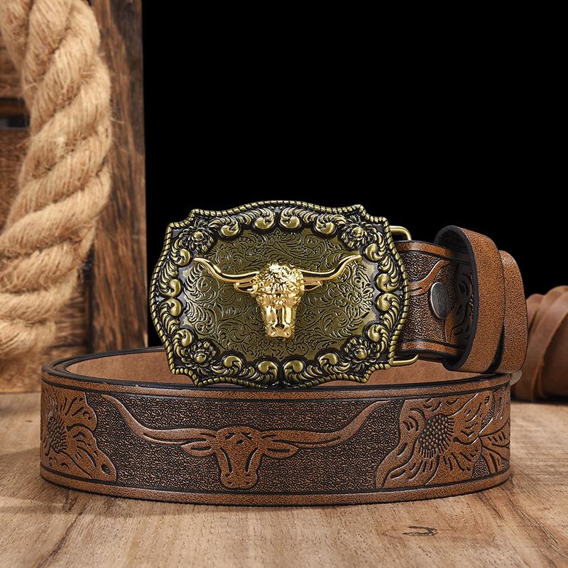 Western Cowboy Large Buckle Belt - Youth Trendy American Street Style Leather Waistband