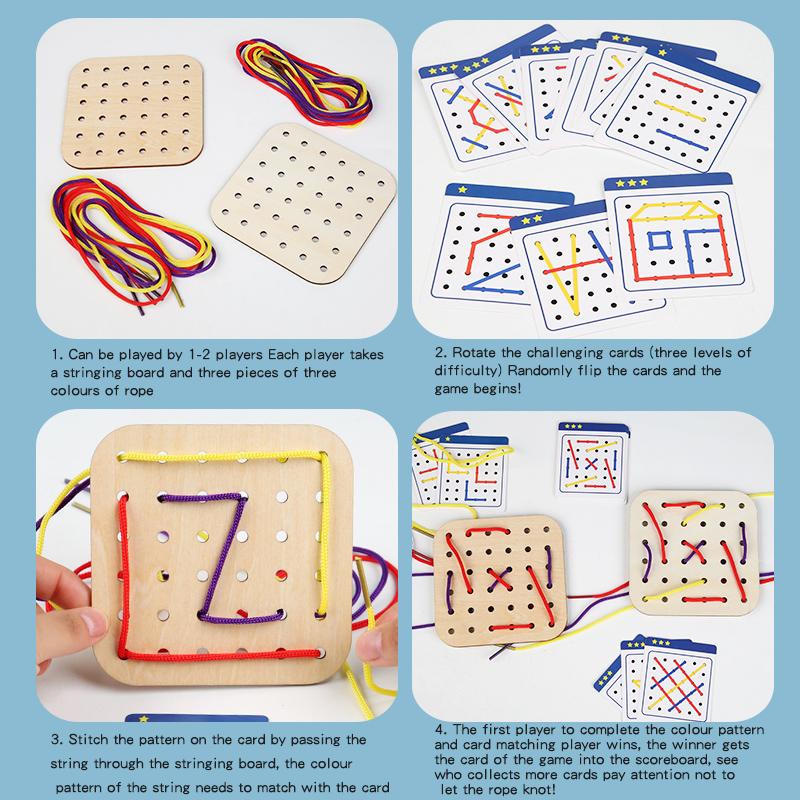 Drewniana Pomoc Montessori do Nauki Geometria Gry w Nawlekanie Sznurka Wczesna Edukacja Dziecięca Trening Myślenia Tablica Zabawki Edukacyjne