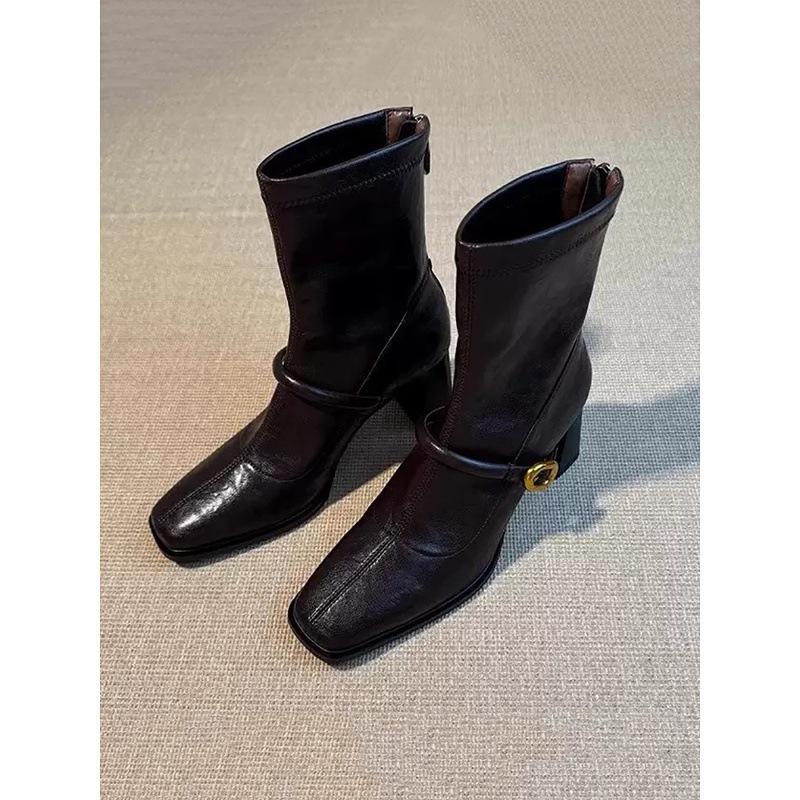 Square Head High Heel Skinny Boots Women's French Coarse Heel Retro Back Zipper Short Boots Elastic Fashion Boots