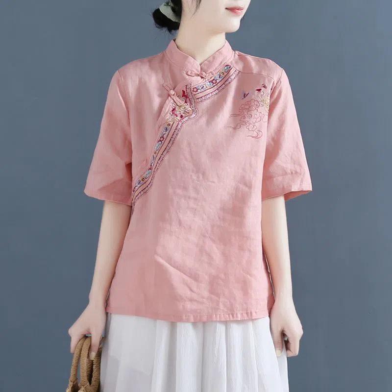 Women's Ethnic Embroidered Cotton Linen Short Sleeve Button-Up Shirt, Retro Artistic Plus Size Top