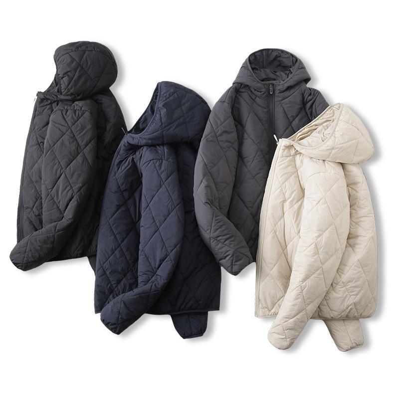 Men's Hooded Cotton Jacket with Mulberry Silk, Diamond Pattern, Winter Casual Outerwear.