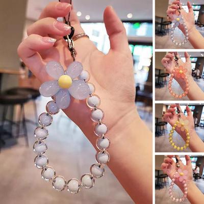 Women Phone Wrist Lanyard Color Wrist Flower Beads Phone Candy Rope Anti-lost Cell Phone
