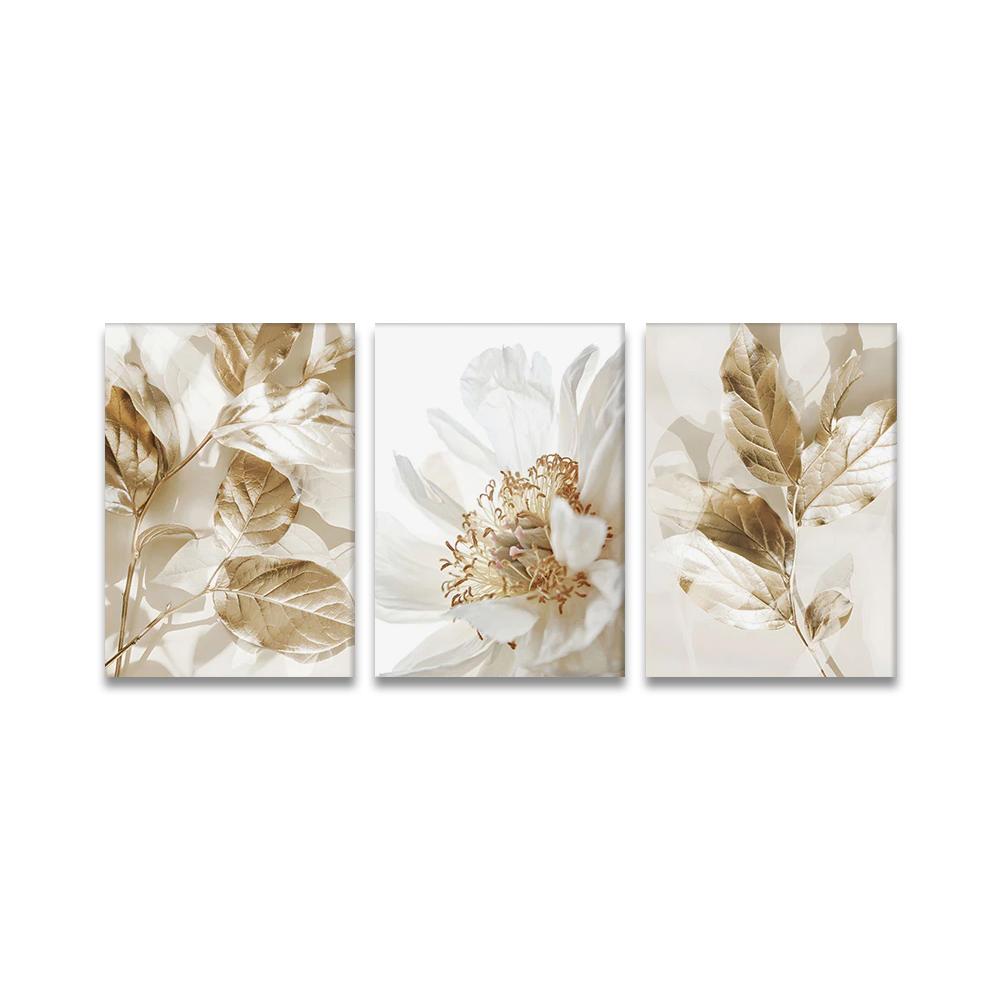 3PCS Frameless Nordic White Floral Golden Leaves Poster Wall Art Canvas Painting Prints Pictures Living Room Interior Home Decor
