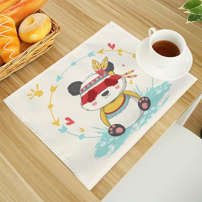 Cartoon Panda Print Linen Dining Table Mats Alphabet Kitchen Placemat 30X45cm Coasters Pads Bowl Cup Mat