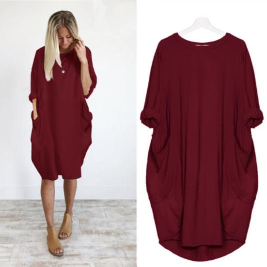 Women Casual Solid Color O Neck Long Sleeve Pockets Knee-length Baggy Dress