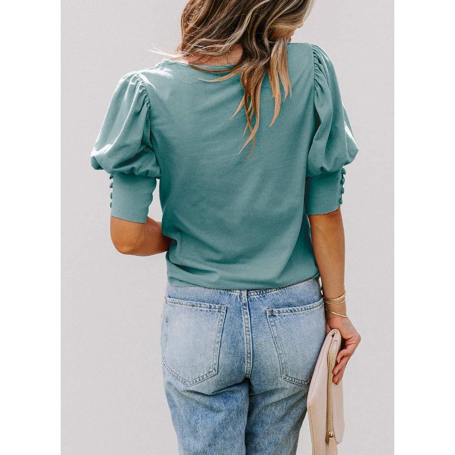 Summer Women's Round Neck Solid Color Button Loose Casual Short Sleeved T-shirt for Women