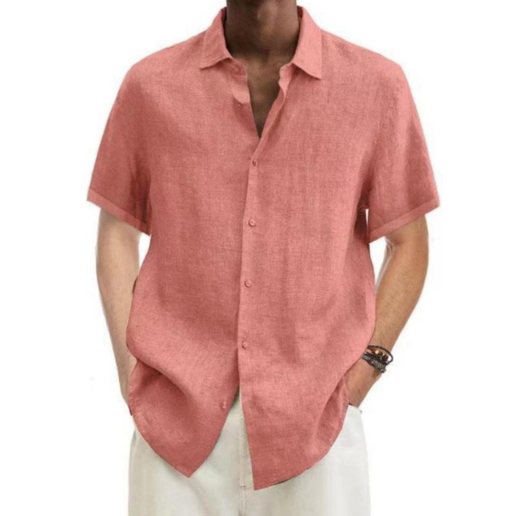 Men's Casual And Fashionable ,color Lapel Button Cardigan, Cotton And Linen Men's Short,sleeved Top