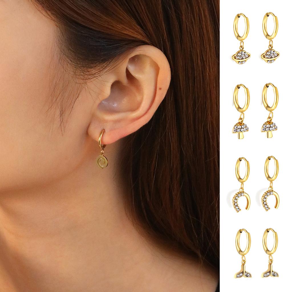 Spiral Planet Earrings Design Mushroom U-Shaped Fishtail with White Diamond Ear Buckle Stainless Steel Earrings