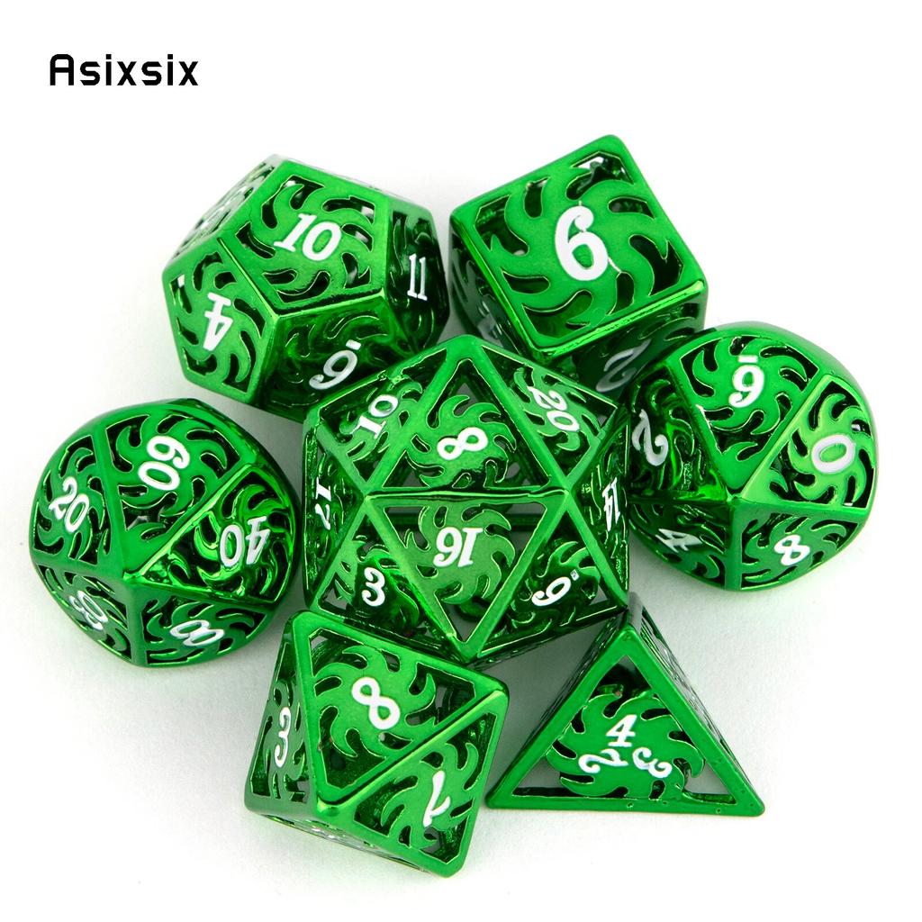 7 Pcs Green White Rotary Windmill Metal Dice Hollow Metal Polyhedral Dice Suitable for Role-Playing RPG Board Game Card Game