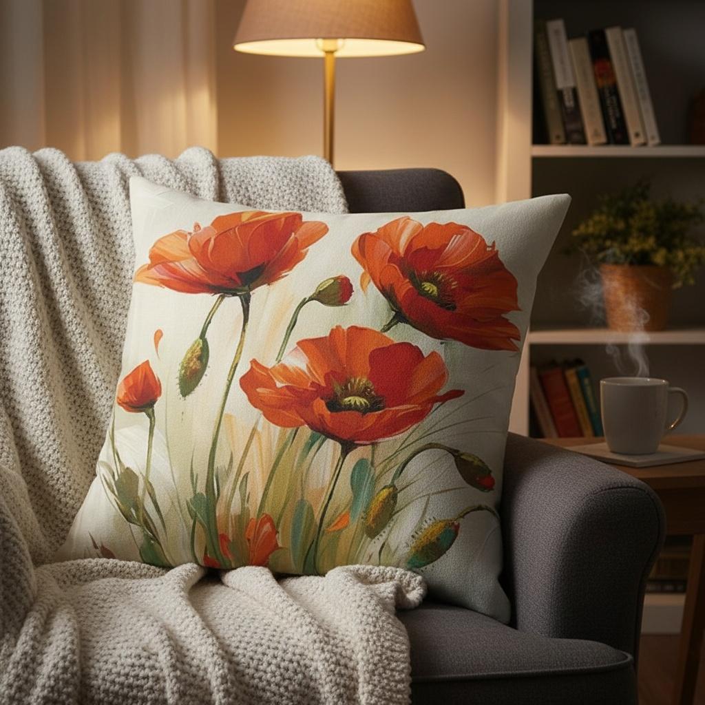 Floral Poppy Patterned Cushion For Home Decor Polyester Pillowcase, Sofa Decorative Cushion Cov Headboard Pillow