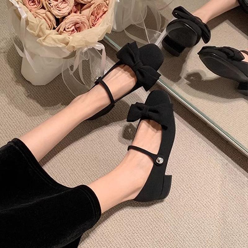 Bow Chunky Heel Mary Jane Single Shoes for Women Fall/Winter French Low Heel Ballet Commuter Shoes