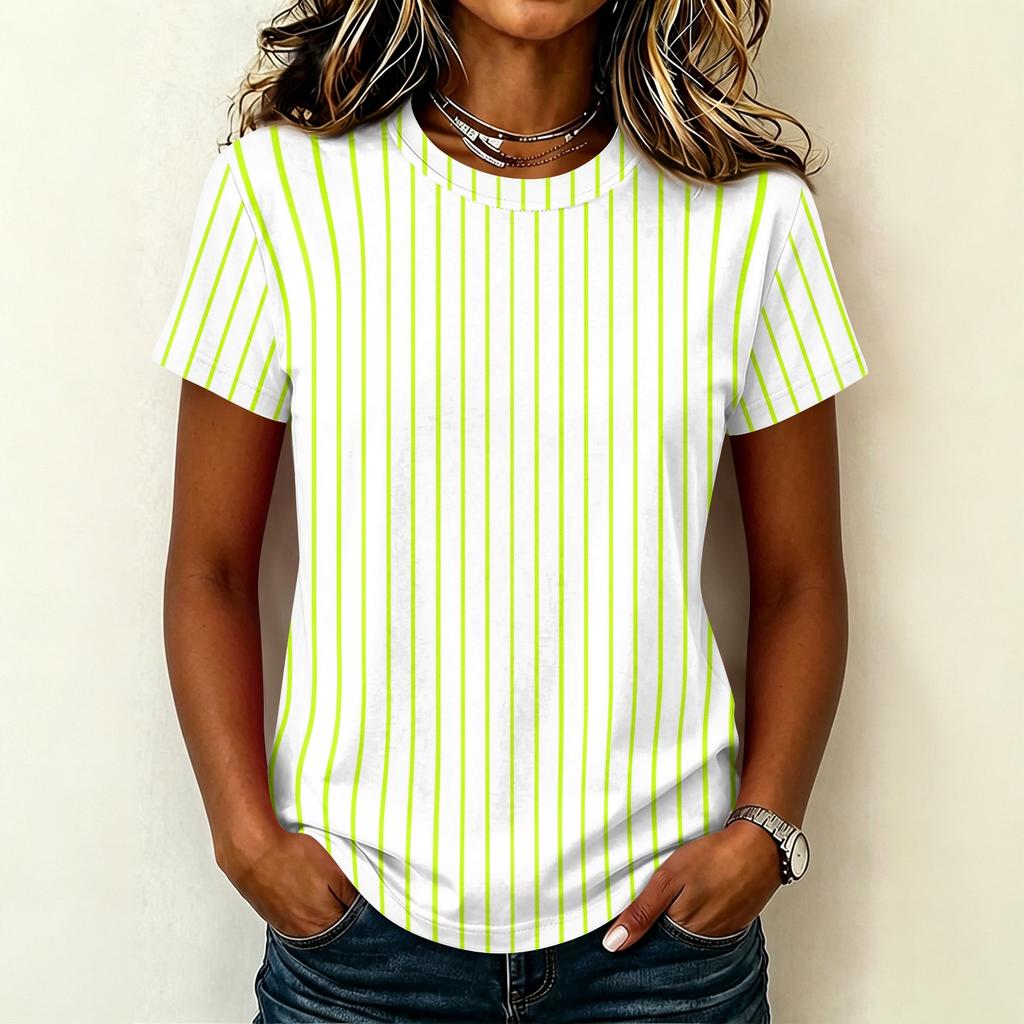Women's Casual Crew Neck Short Sleeve Pullover T-Shirt Vertical Stripe Print Top Lightweight Soft Fabric Summer Wear
