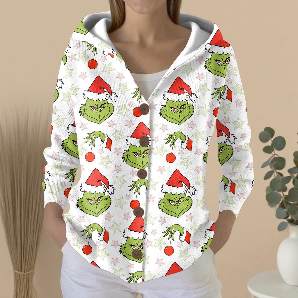 Women's Fashion Casual Sweater Button-Up Print Cardigan  Hooded Jacket
