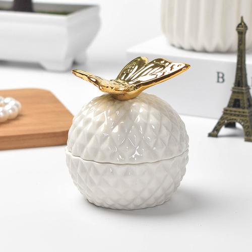 European Ceramic White Storage Jar Golden Animal Jewelry Box Household Round Candy Small Object Storage Jar Exquisite Decoration