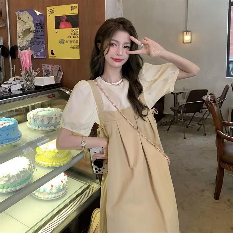 Fashion Suit, Slightly Fat Women's Bubble Sleeve Top, Covering the Meat and Showing Thinness, Strap Skirt, Large Size Fat Mm Dress, Foreign Style Two