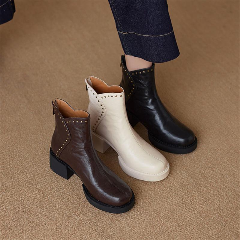 Fashion New Autumn/winter Genuine Leather Women Boots Round Toe Shoes for Women Fashion Rivet Boots High Heels Platform Chelsea Boots