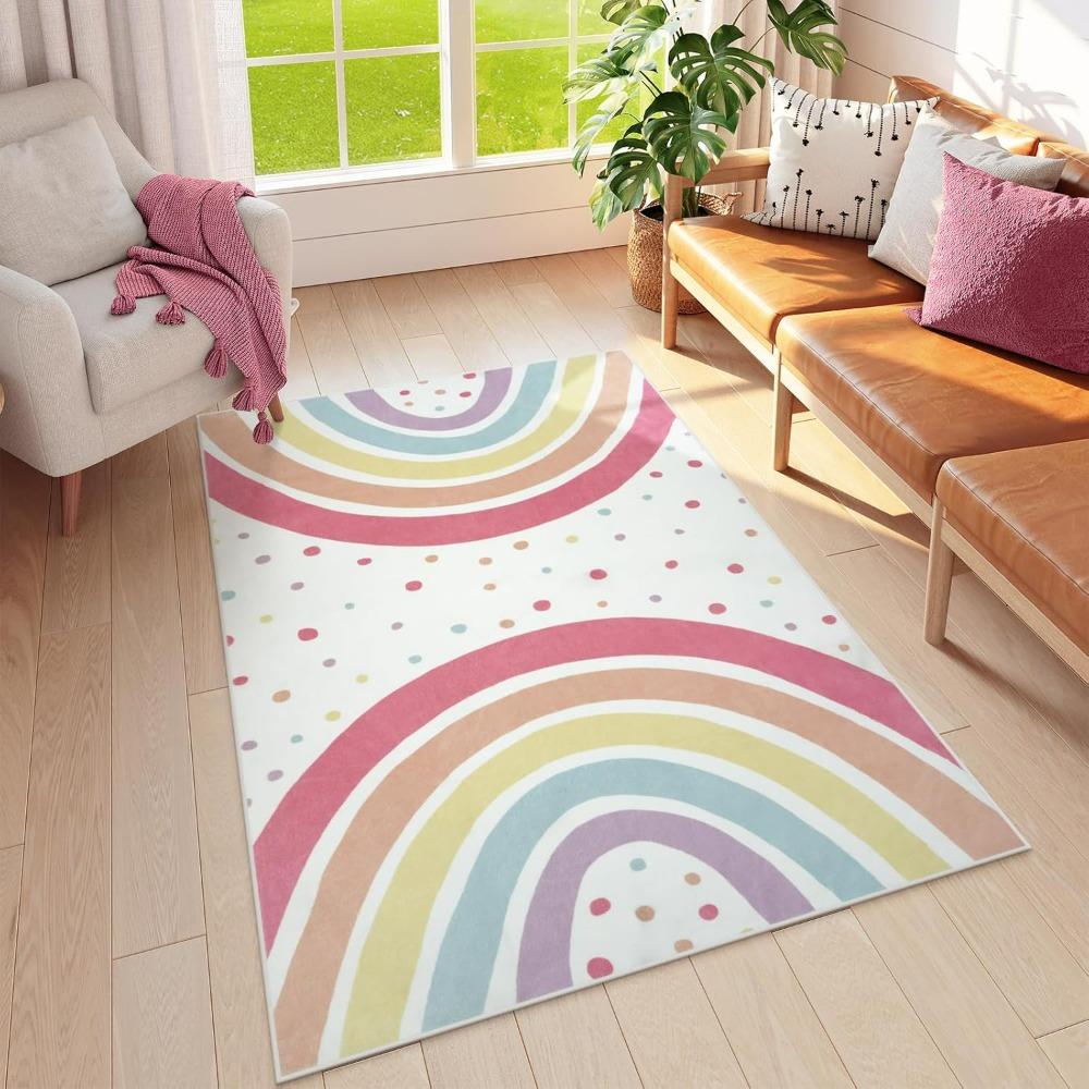 Elegant Boho Rainbow Wave Dots Area Rug Soft Non-Slip Living Room Carpet for Bedroom Bedside Baby Room Decor Floor Mat Gift