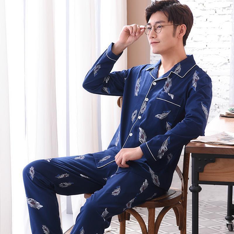 Men's Pajamas Loose Long Sleeved Cardigan Set Casual Home Wear Two-piece Set