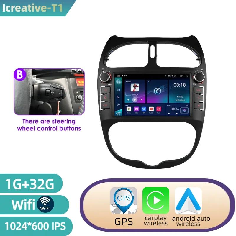 Android 12 Car Radio for PEUGEOT 206 206CC 206SW 2000-2008 Multimedia Player GPS Navigation 7 Inch With Buttons Carplay HeadUnit