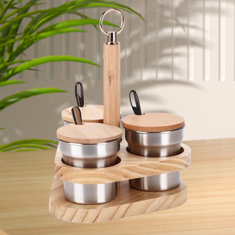 Stainless Steel Seasoning Jar Set with Triangular Wooden Rack