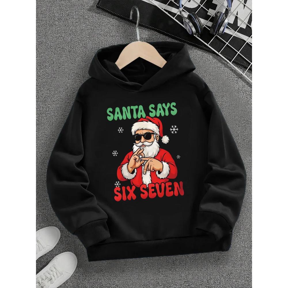 

Весняно-осінній однотонний повсякденний модний різдвяний #67 чорний худі для хлопчиків, з мультяшним принтом Six Seven, підходить для щоденного носіння 100