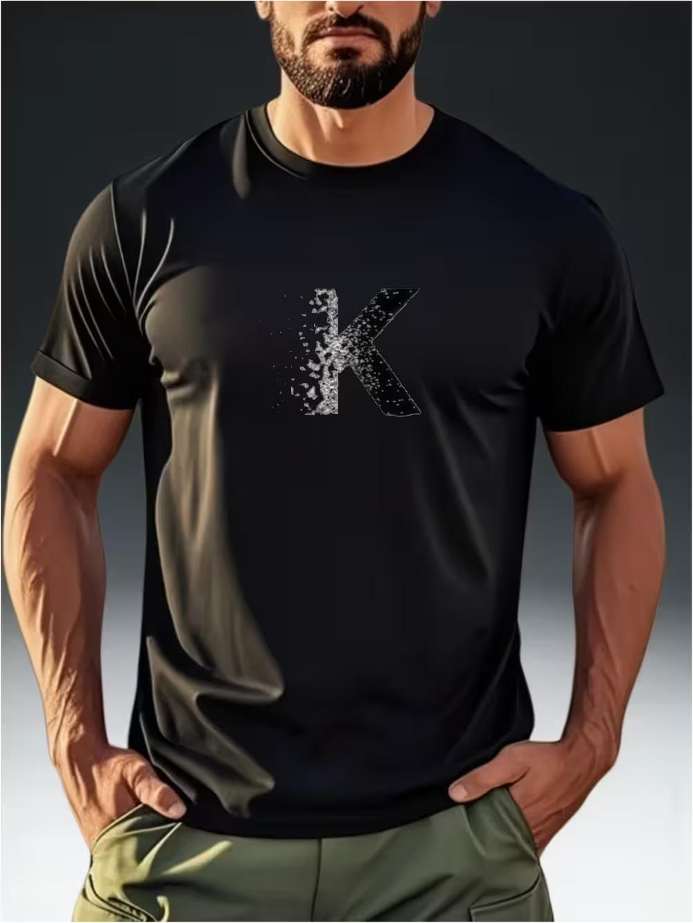 Men s Soft Summer Casual T-Shirt with K-Themed Letter Print - Round Neck Short Sleeve Relaxed Fit Top L