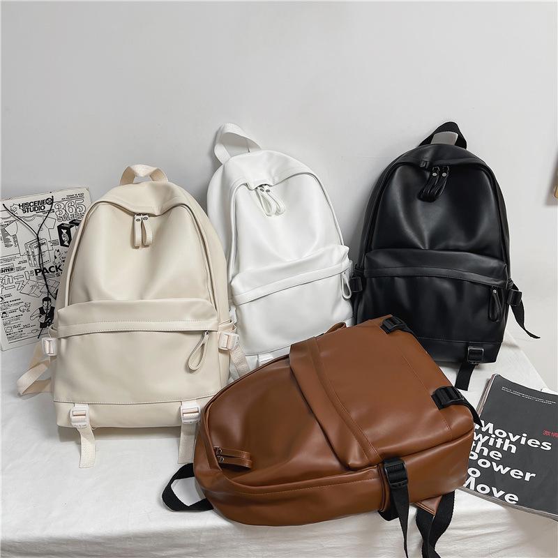 Trendy Men's PU Leather Backpack - Korean Style, Solid Color, for College Students
