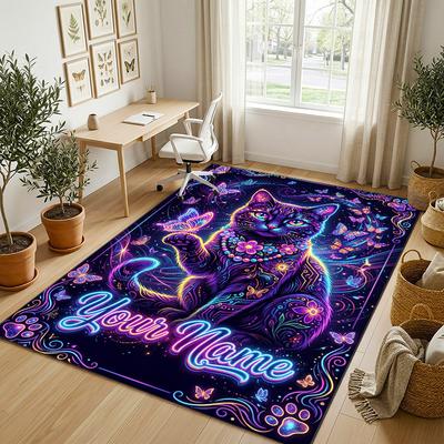 Cat Theme Crystal Velvet Rug Personalized Custom Name Text Soft Floor Mat Home Decor