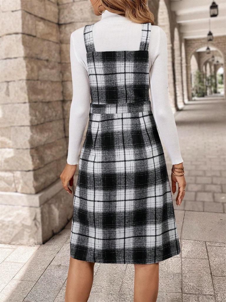 Fashionable Women's Casual Plaid Button Up Front Dress For  Wearing With Suspenders, Temperament Skirt Without Top