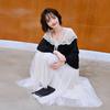 Elegant French Knit Lace Patchwork V-Neck Pearl Button Long Sleeve Cardigan