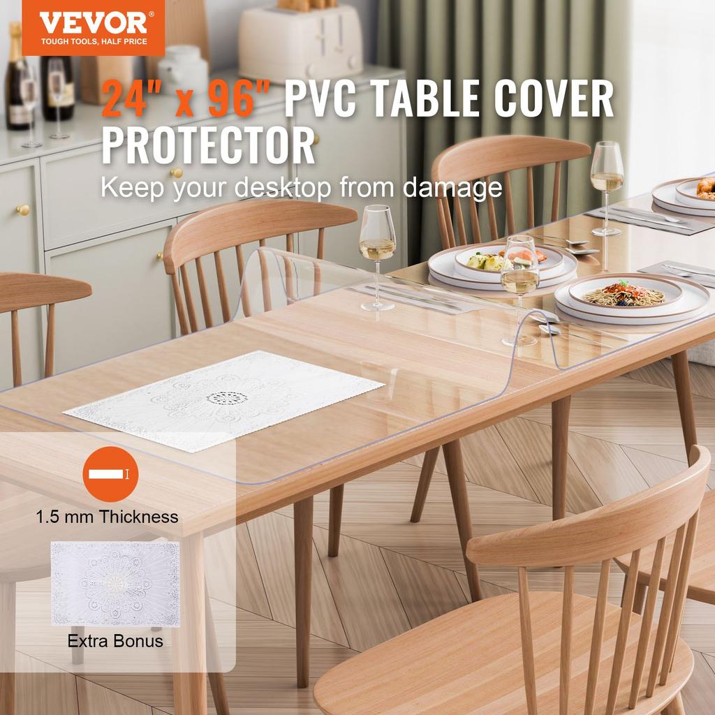 VEVOR Plastic Table Cover, 24 X 96 Inch 1.5 Mm Thick Clear Table Protector, Rectangle PVC Desk Mat