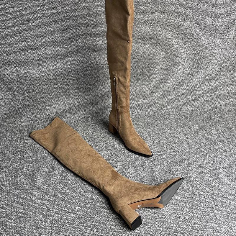 Fashion High Heels Women High Boots Pointed Toe Suede Over The Knee Fashion Shoes 2025 Winter Pumps Chunky Designer Chelsea Botas Mujer