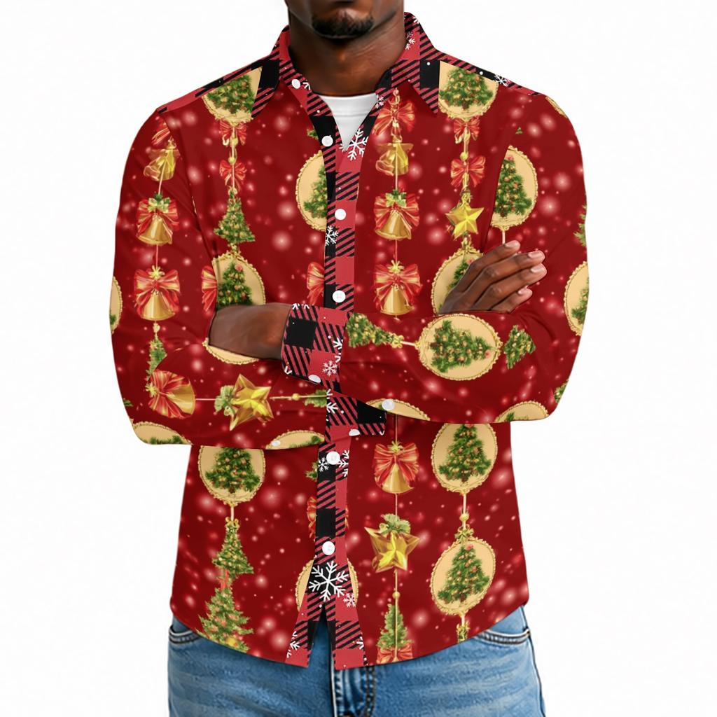 Men's Casual Long Sleeve Shirt with Christmas Print for Holiday Party and Fall