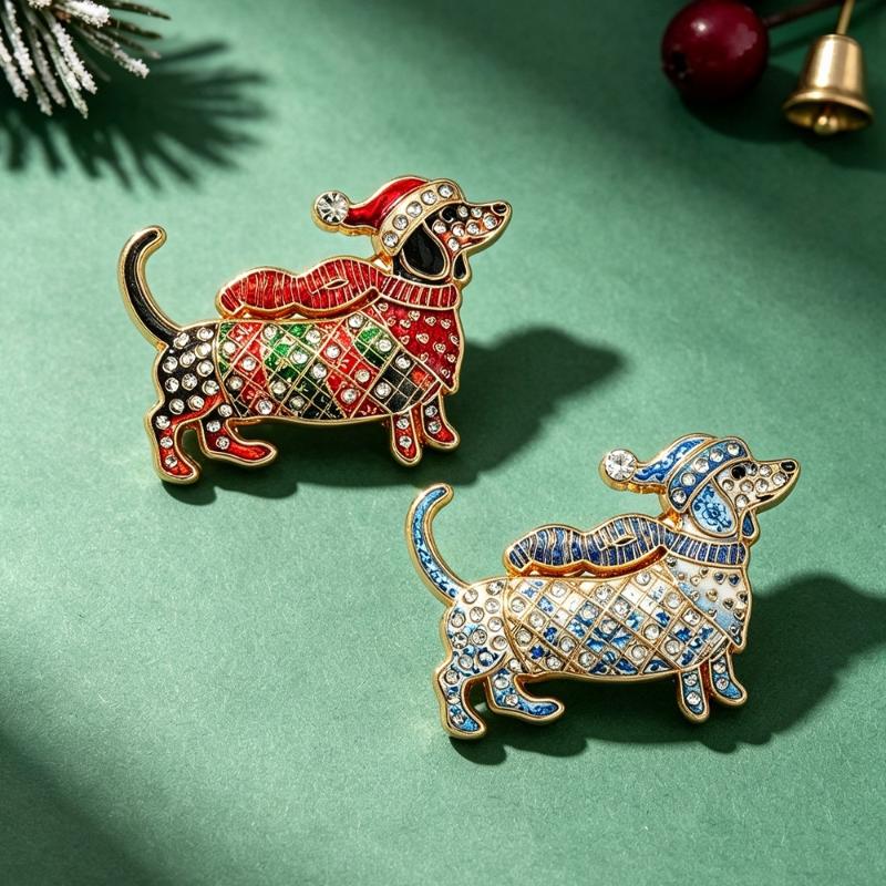Lovely Christmas Dog Brooches For Women Unisex 2-Color Rhinestone Dachshund Animal New Year Party Brooch Pins