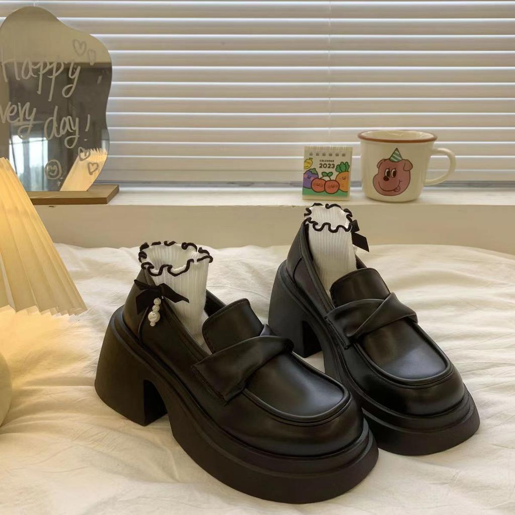New High Platform Loafers Women Black Heeled Slip On Shoes Woman Faux Leather Heels Female Driving Loafers Chunk Block Heel Shoe