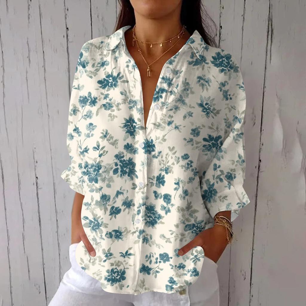 Women's Fashion Seven Sleeve Casual Lapel Back Tie Shirt Printed T-Shirt Top