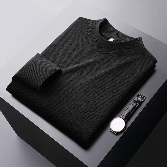 Men's Plus Velvet Half-High Collar Knit Sweater - Anti-Pilling Dobby Fleece, Solid Color for Autumn/Winter