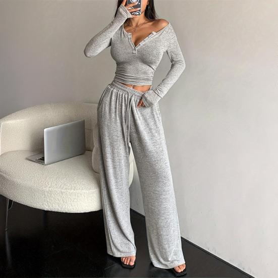 Women's 2 Piece Lounge Sets Long Sleeve Button Up Crop Top Wide Leg Pants Matching Outfit Casual Fall Spring Tracksuits