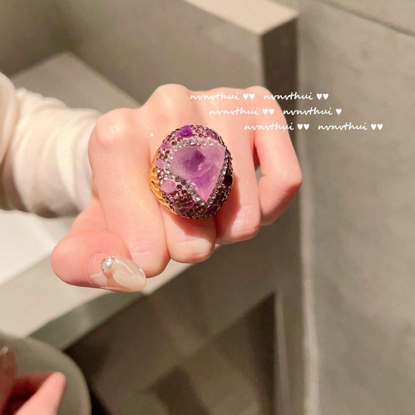 Uruguayan Purple Flower Gemstone Ring Vintage Plated 18K Gold, Tanzanian Amethyst Zircon Ring, Necklace