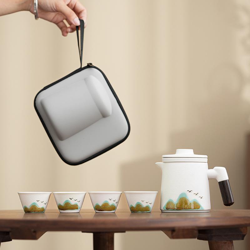 Guochao Accompanying Gift Coarse Pottery Office Cup Holiday Gift Qingshan Flying Bird Portable Car Express Travel Tea Set